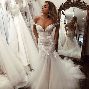 Off the Shoulder Mermaid Tulle Wedding Dresses Lace Appliques Bridal Gown JS448