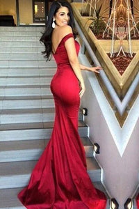 Mermaid Red Off the Shoulder Red Long Prom Dresses Backless Evening Dresses RS578