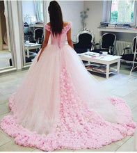 Load image into Gallery viewer, Pink Long Sleeveless Flowers Off the Shoulder Lace up Tulle Ball Gown Wedding Dresses RS369