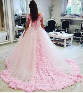 Pink Long Sleeveless Flowers Off the Shoulder Lace up Tulle Ball Gown Wedding Dresses RS369