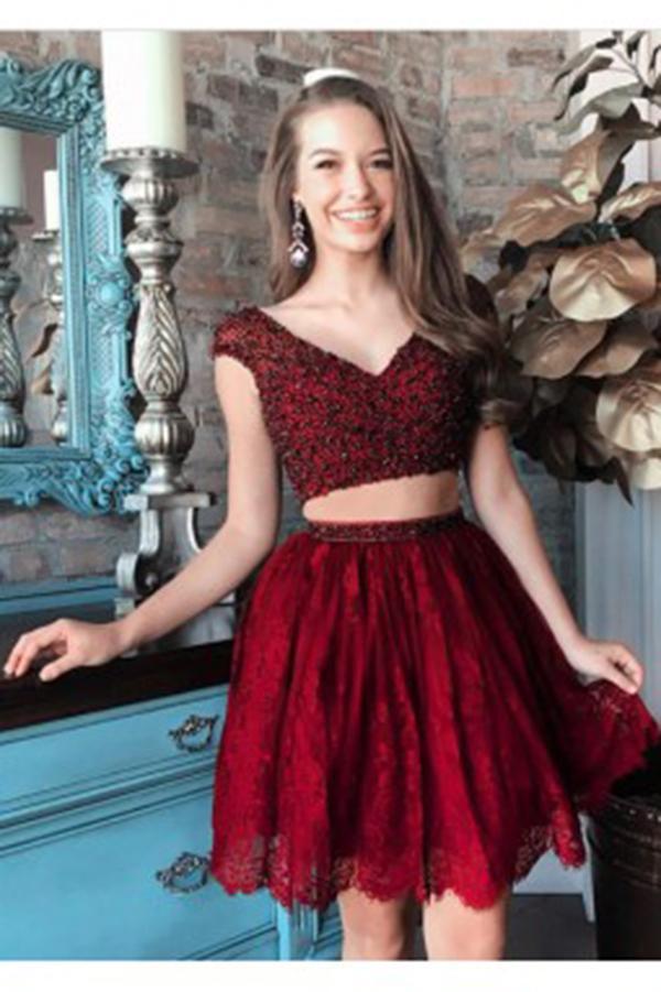 A Line Two Pieces V Neck Beads Burgundy Lace Short Prom Dresses Homecoming Dresses RS703