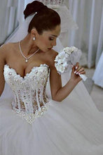 Load image into Gallery viewer, Ball Gown Lace Pearl Beads Unique Arabic Sweetheart White Tulle Princess Wedding Dress RS686