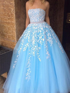 A Line Sky Blue Strapless Lace Appliques Tulle Beads Pockets Floor Length Prom Dresses RS770
