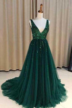 Load image into Gallery viewer, Chic A-Line V Neck Backless Dark Green Tulle Prom Dress with Sequins Evening Dresses RS696