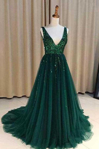 Chic A-Line V Neck Backless Dark Green Tulle Prom Dress with Sequins Evening Dresses RS696