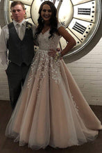 Load image into Gallery viewer, A Line Cheap Nude Quinceanera Dress Lace Appliques Cap Sleeve Beaded Prom Dresses RS238