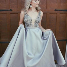 Load image into Gallery viewer, Sexy Elegant Sparkly Beads Top A-line Open Back V-Neck Stretch Satin Prom Dresses RS408