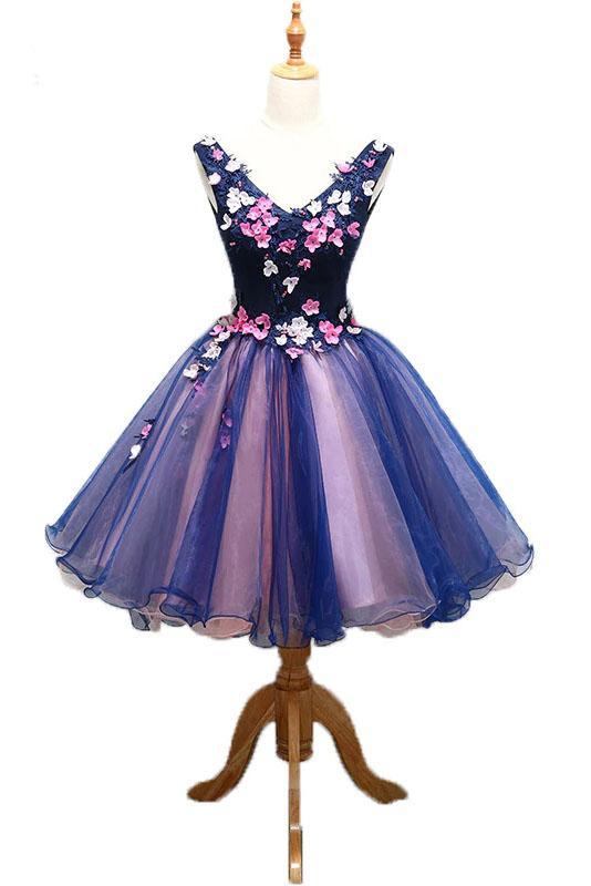 Purple Tulle V Neck Straps Lace up Homecoming Dresses with 3D Flowers Dance Dresses H1234