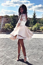 Load image into Gallery viewer, Cute A Line Round Neck White Lace Long Sleeves Satin Short Homecoming Dresses RS934