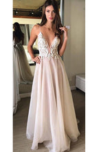 Load image into Gallery viewer, A-Line V-Neck Spaghetti Straps Backless Beads Appliques Organza Sleeveless Prom Dresses RS317