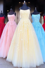 Load image into Gallery viewer, Princess Spaghetti Straps A Line Appliques Tulle Lace up Pink Prom Dresses SRS15305