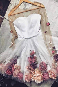 White Tulle Applique Short Prom Dress Long Sleeve Homecoming Dresses with Flowers RS827