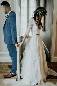 3/4 Sleeve Lace Ivory Chiffon Wedding Dresses Cheap Two Piece Beach Bridal Dresses RS813