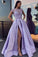 Chic Satin Short Sleeve Scoop Split Beads Purple Slit Open Back Long Prom Dresses RS61