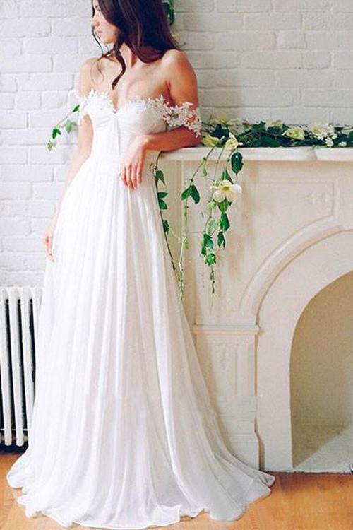 A Line Chiffon Sweetheart Lace Off the Shoulder Beach Wedding Dresses with Pleats RS276