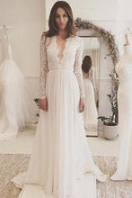 Load image into Gallery viewer, Off White Chiffon Open Back Long Sleeves Wedding Dress Simple A Line V Neck Lace Prom Dress RS743
