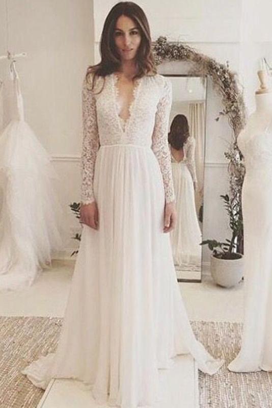 Off White Chiffon Open Back Long Sleeves Wedding Dress Simple A Line V Neck Lace Prom Dress RS743