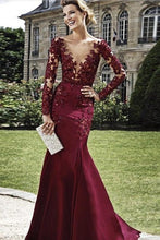 Load image into Gallery viewer, Burgundy Sheath Column V-Neck Floor-Length Elastic Woven Satin Prom Dresses RS415