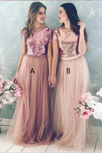 Load image into Gallery viewer, A Line Top Blush Sequin Lovely Two Piece Tulle Round Neck Cheap Bridesmaid Dresses RS832