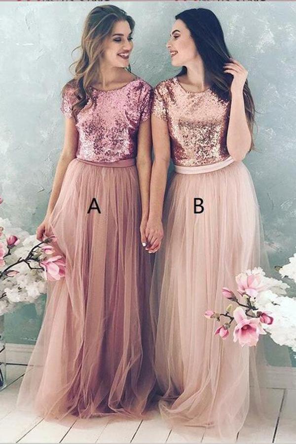 A Line Top Blush Sequin Lovely Two Piece Tulle Round Neck Cheap Bridesmaid Dresses RS832