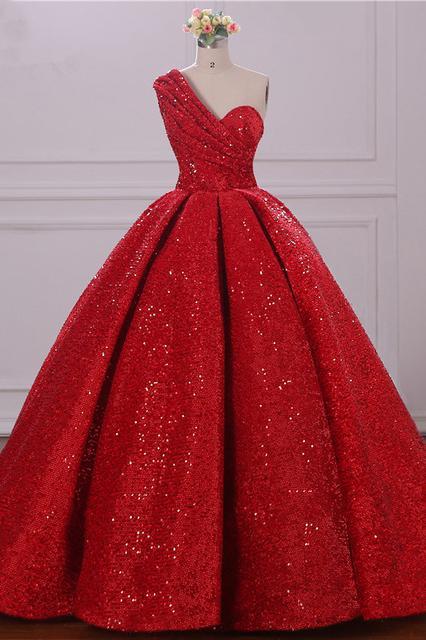 Ball Gown One Shoulder Sequins Red Sweetheart Prom Dresses Quinceanera Dresses RS39