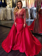 Load image into Gallery viewer, Elegant Mermaid Long Red Long Sleeve Beading V Neck Lace Satin Backless Prom Dresses RS851