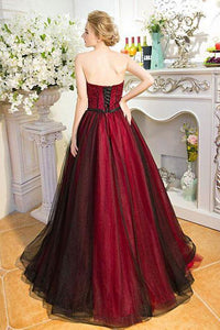 Strapless Beads Sleeveless Sweetheart Tulle Ball Gown Backless Black Burgundy Prom Dresses RS258