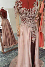Load image into Gallery viewer, Unique Round Neck Chiffon Lace Long Beads Long Sleeve Party Prom Dresses RS221