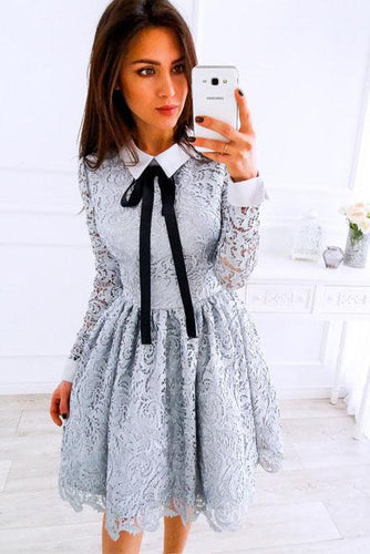 A-Line Crew Long Sleeves Above Knee Grey Lace Short Homecoming Dresses RS19