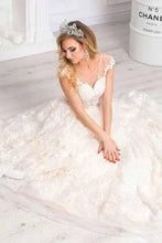 Load image into Gallery viewer, Unique A Line Lace Appliques Cap Sleeves Ivory V Neck Beads Wedding Dresses RS839