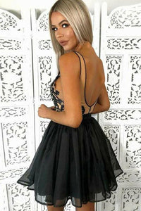 A-Line Straps Backless Short Black Chiffon Open Back Lace Pleats Homecoming Dress RS799