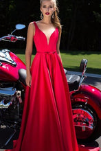 Load image into Gallery viewer, New A-Line Appliques Beads Floor Length Deep V-Neck Red Sexy Elegant Prom Dresses RS484