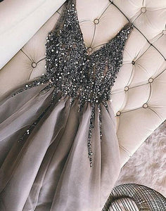 Luxurious Sequins Beaded V Neck Tulle Short V Back Gray Prom Dress Homecoming Dress RS762