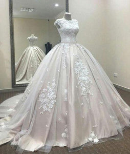 Ball Gown A Line Lace Tulle Appliques Cap Sleeves Scoop Prom Dresses Quinceanera Dress RS812