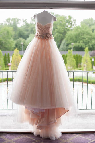High Quality Ball Gown Ruffles Pink Sweetheart Wedding Dress Waist with Handmade Flowers RS683