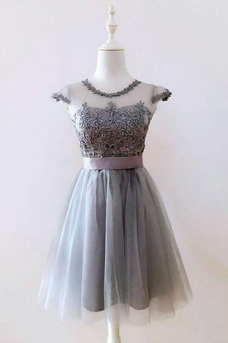 A Line Gray Cap Sleeves Lace up Appliques Tulle Scoop Short Homecoming Dresses RS882
