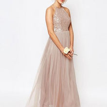 Load image into Gallery viewer, Gorgeous Glittering Top Tulle Halter Romantic Short Long Sleeveless Bridesmaid Dress RS352
