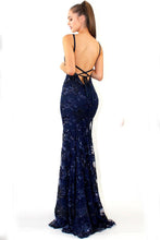 Load image into Gallery viewer, Mermaid Deep V Neck Royal Blue Lace Appliques Backless Spaghetti Straps Prom Dresses RS893