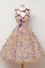 Load image into Gallery viewer, Cute A Line Round Neck Short Tulle Open Back Purple Flowers Homecoming Dresses RS787