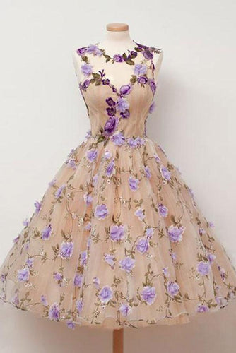 Cute A Line Round Neck Short Tulle Open Back Purple Flowers Homecoming Dresses RS787