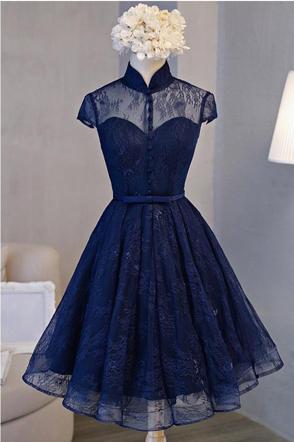 A Line Navy Blue Short High Neck Lace Open Back Cap Sleeve Mini Lace-up Homecoming Dresses RS588