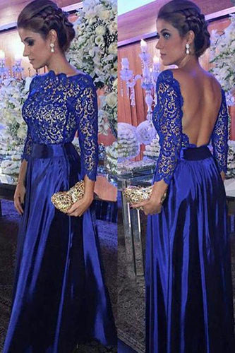Elegant A Line Round Neck Open Back Long Sleeves Royal Blue Lace Long Prom Dresses RS135