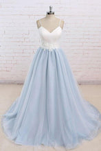 Load image into Gallery viewer, Simple A-Line Light Blue Sweetheart Spaghetti Straps Chic Blue Tulle Backless Prom Dresses RS187