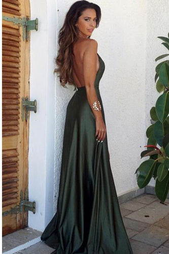 Elegant Simple Sexy Backless High Split Long V-Neck Open Back Green Prom Dresses RS437