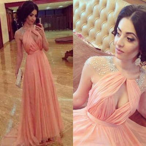 Cheap A line Sleeveless High Neck Open Back Cap Sleeve Chiffon Coral Prom Dresses RS827