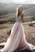 Load image into Gallery viewer, Pink Beads A Line V- Neck Sexy Tulle Long Sleeveless Beach Wedding Dresses Prom Dresses RS502