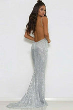Load image into Gallery viewer, Backless V-neck Sequins Silver Spaghetti Straps Short Train Mermaid Prom Dresses RS503