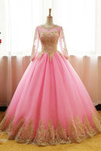 Load image into Gallery viewer, Ball Gown Long Sleeve Gold Rose Red Tulle Round Neck Lace up Prom Quinceanera Dresses RS147