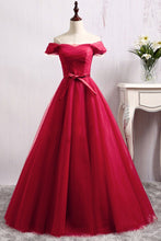 Load image into Gallery viewer, A Line Long Red Tulle Off the Shoulder Lace up Bowknot Floor Length Prom Dresses RS140