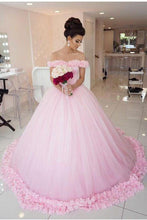 Load image into Gallery viewer, Pink Long Sleeveless Flowers Off the Shoulder Lace up Tulle Ball Gown Wedding Dresses RS369